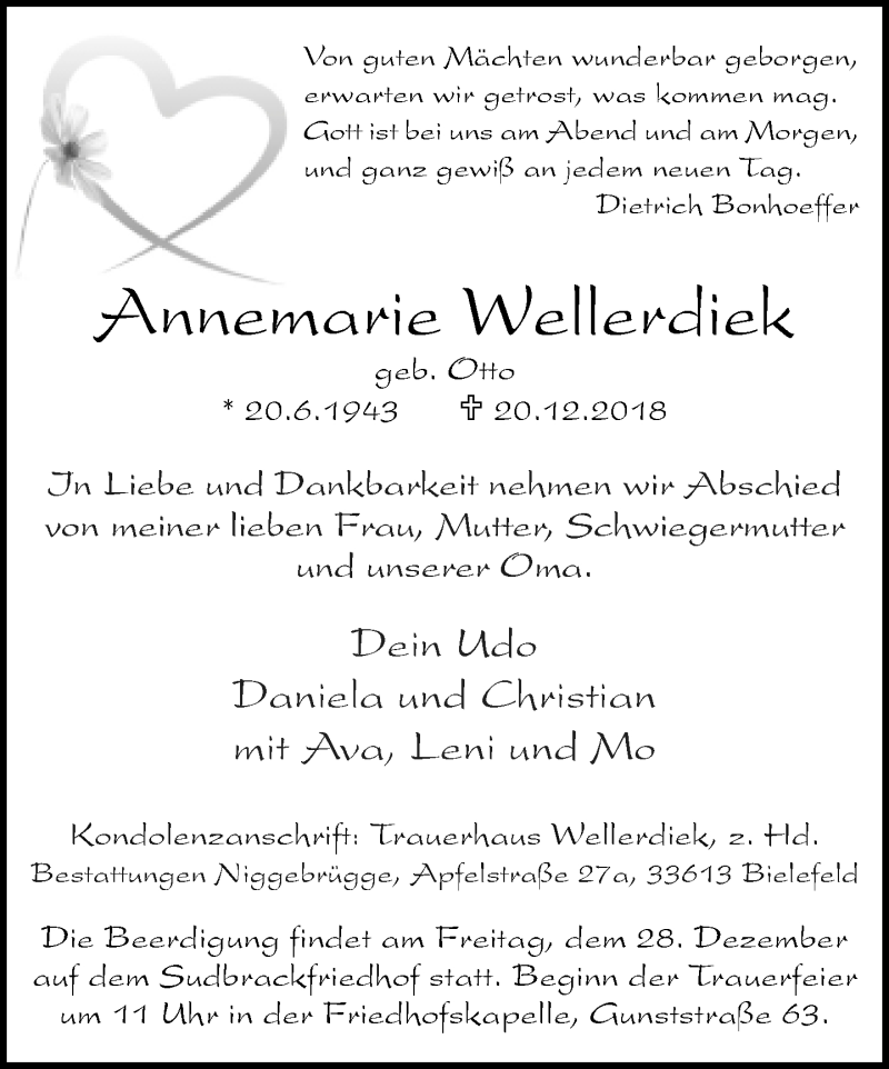  Traueranzeige für Annemarie Wellerdiek vom 22.12.2018 aus Neue Westfälische