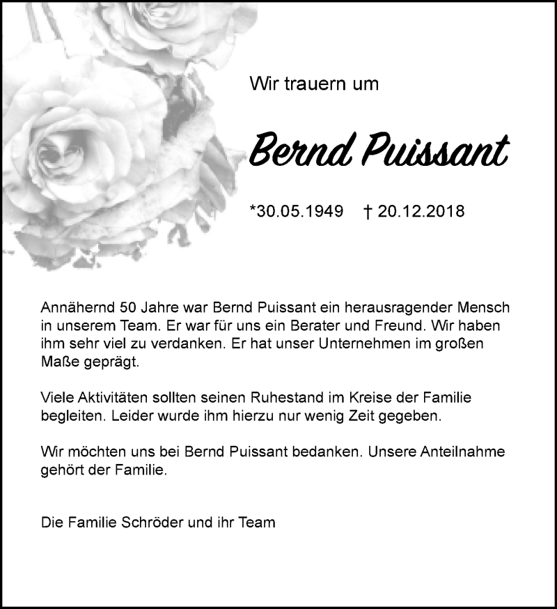  Traueranzeige für Bernd Puissant vom 29.12.2018 aus Neue Westfälische