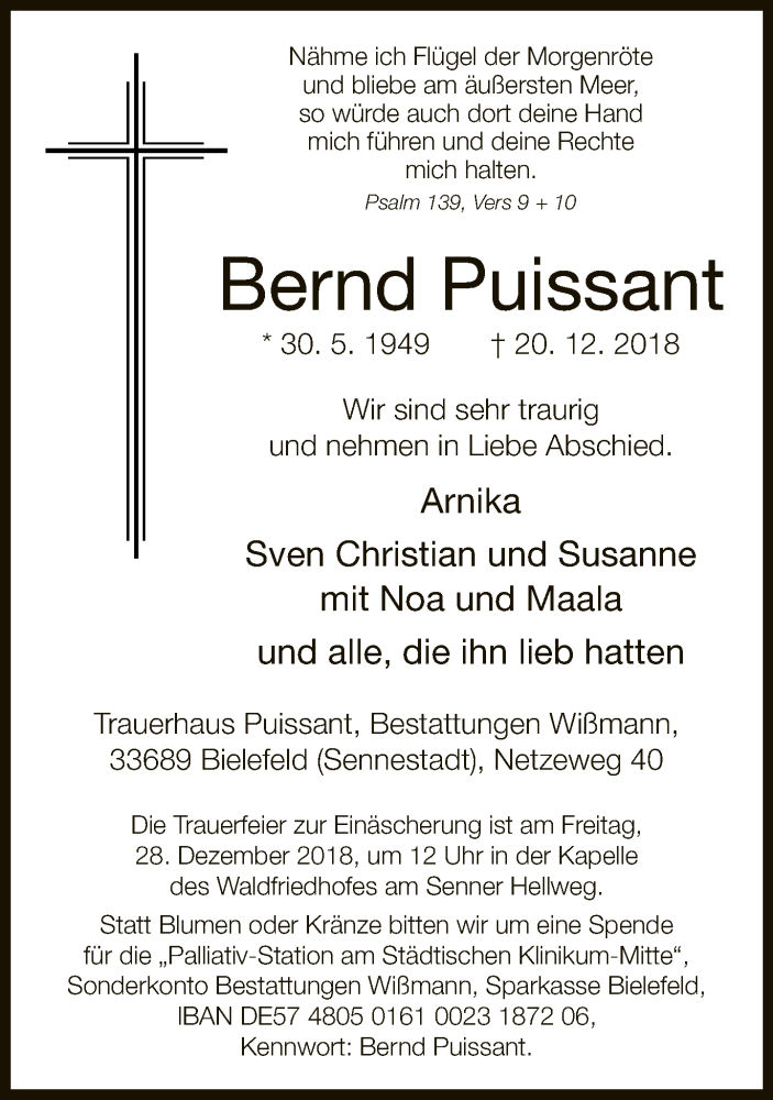  Traueranzeige für Bernd Puissant vom 22.12.2018 aus Neue Westfälische
