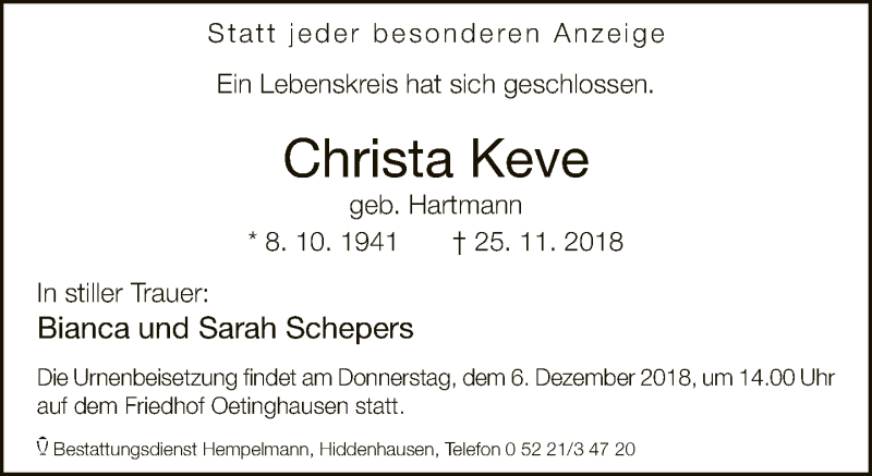  Traueranzeige für Christa Keve vom 01.12.2018 aus Neue Westfälische