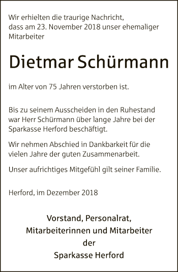 Traueranzeige von Dietmar Schürmann von Neue Westfälische