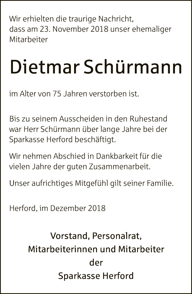  Traueranzeige für Dietmar Schürmann vom 01.12.2018 aus Neue Westfälische