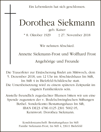 Traueranzeige von Dorothea Siekmann von Neue Westfälische