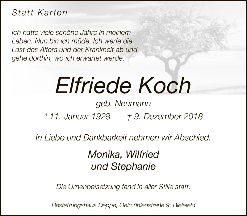  Traueranzeige für Elfriede Koch vom 22.12.2018 aus Neue Westfälische