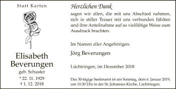 Traueranzeige von Elisabeth Beverungen von Neue Westfälische
