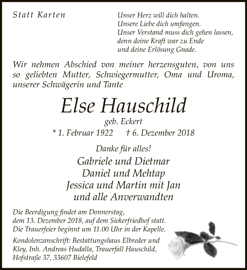  Traueranzeige für Else Hauschild vom 08.12.2018 aus Neue Westfälische