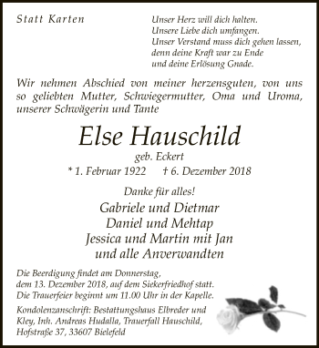 Traueranzeige von Else Hauschild von Neue Westfälische