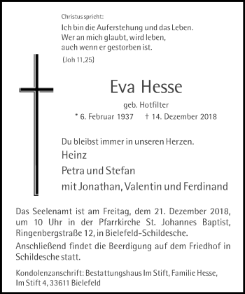 Traueranzeige von Eva Hesse von Neue Westfälische
