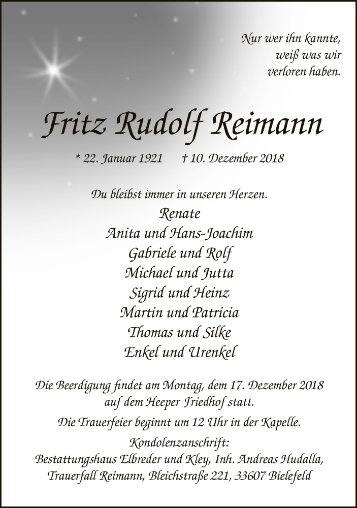  Traueranzeige für Fritz Ludolf Reimann vom 15.12.2018 aus Neue Westfälische
