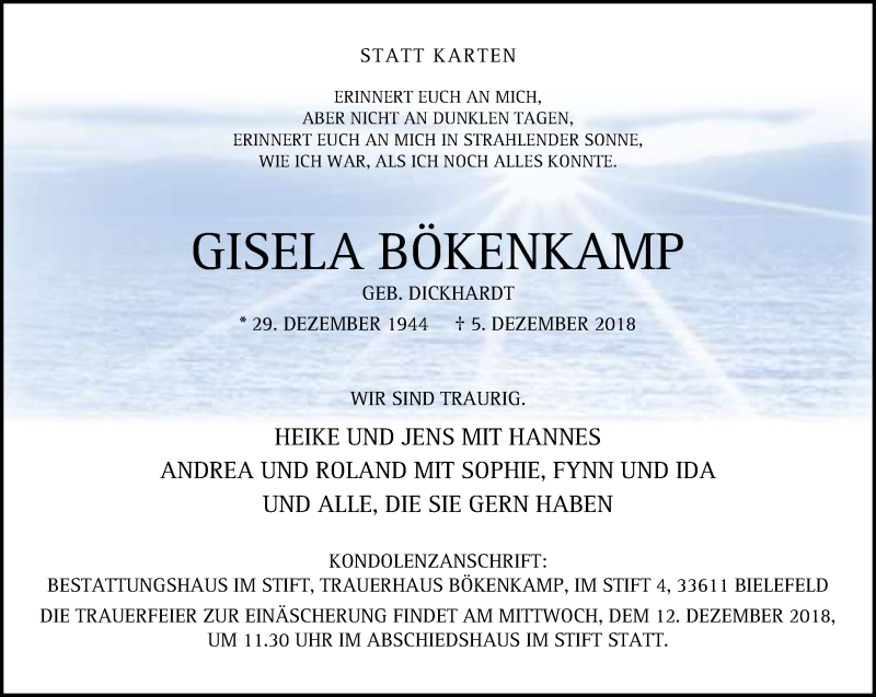  Traueranzeige für Gisela Bökenkamp vom 08.12.2018 aus Neue Westfälische