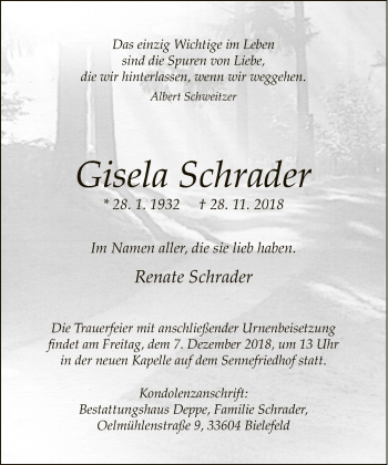 Traueranzeige von Gisela Schrader von Neue Westfälische