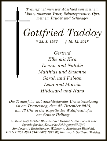 Traueranzeige von Gottfried Tadday von Neue Westfälische