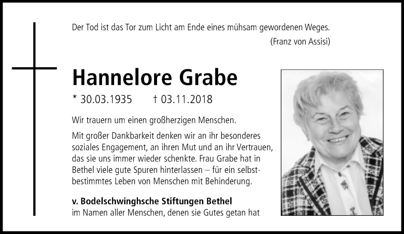  Traueranzeige für Hannelore Grabe vom 01.12.2018 aus Neue Westfälische