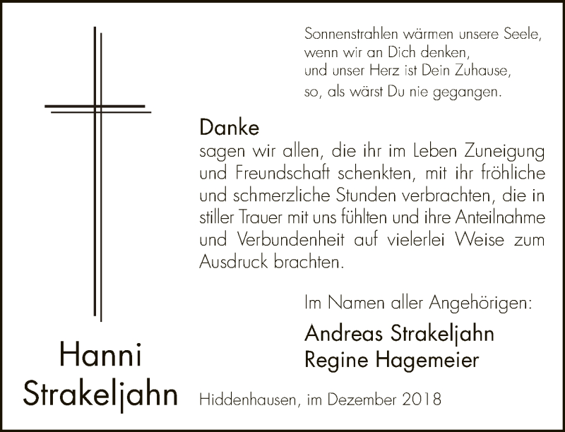  Traueranzeige für Hanni Strakeljahn vom 22.12.2018 aus Neue Westfälische