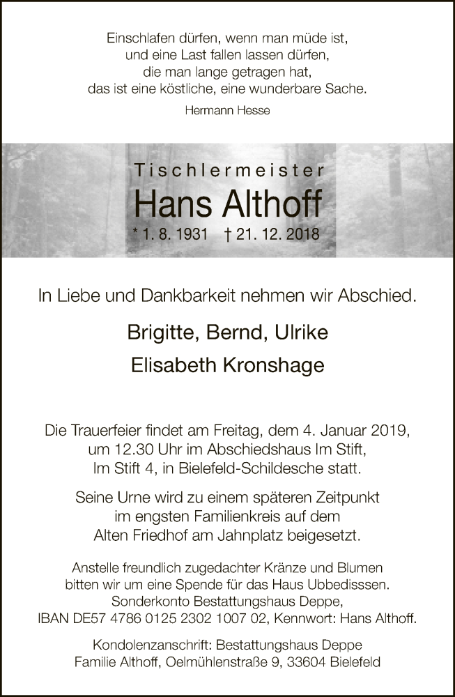  Traueranzeige für Hans Althoff vom 29.12.2018 aus Neue Westfälische