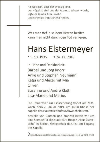 Traueranzeige von Hans Elstermeyer von Neue Westfälische