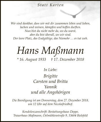 Traueranzeige von Hans Maßmann von Neue Westfälische