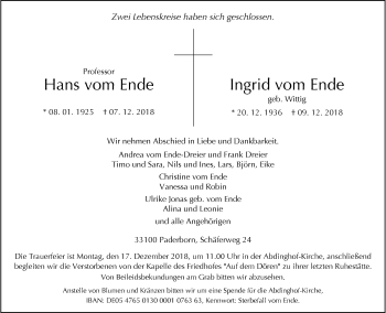 Traueranzeige von Hans und Ingrid vom Ende von Neue Westfälische