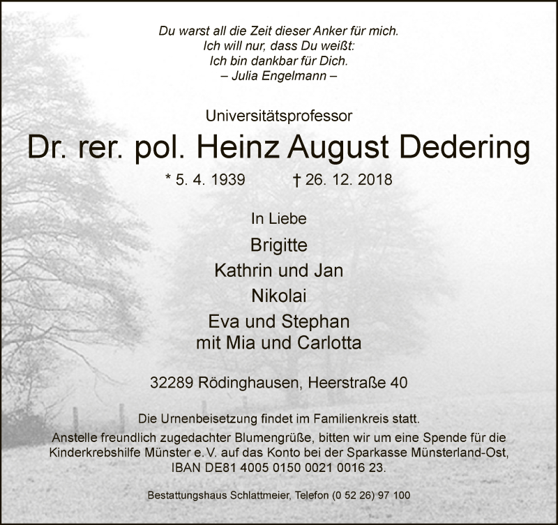  Traueranzeige für Heinz August Dedering vom 29.12.2018 aus Neue Westfälische
