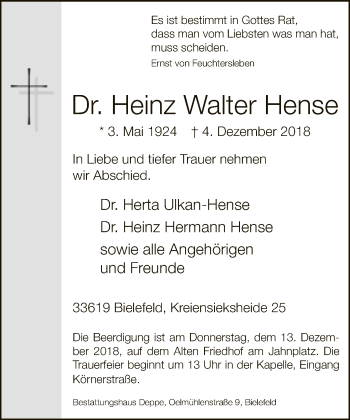 Traueranzeige von Heinz Walter Hense von Neue Westfälische