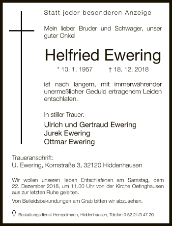 Traueranzeige von Helfried Ewering von Neue Westfälische