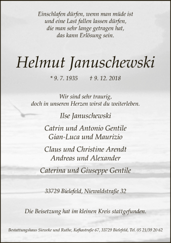 Traueranzeige von Helmut Januschewski von Neue Westfälische