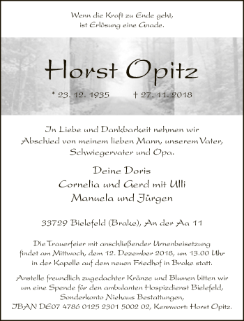 Traueranzeige von Horst Opitz von Neue Westfälische