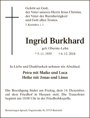 Traueranzeige von Ingrid Burkhard von Neue Westfälische