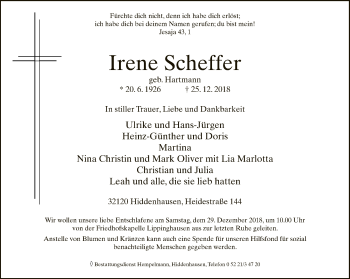 Traueranzeige von Irene Scheffer von Neue Westfälische