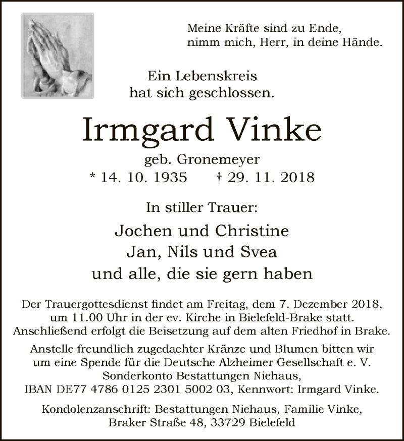  Traueranzeige für Irmgard Vinke vom 01.12.2018 aus Neue Westfälische
