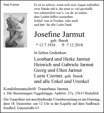 Traueranzeige von Josefine Jarmut von Neue Westfälische