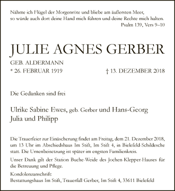 Traueranzeige von Julie Agnes Gerber von Neue Westfälische