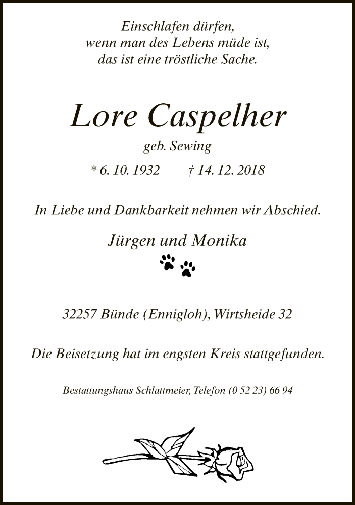  Traueranzeige für Lore Caspelher vom 22.12.2018 aus Neue Westfälische