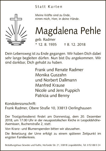 Traueranzeige von Magdalena Pehle von Neue Westfälische