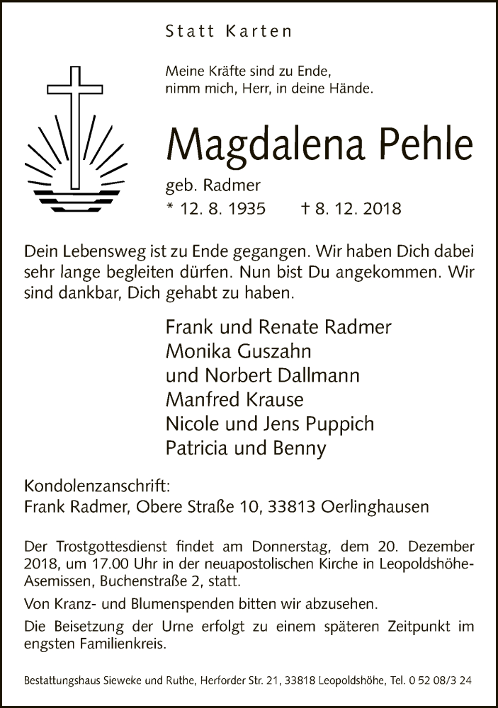  Traueranzeige für Magdalena Pehle vom 15.12.2018 aus Neue Westfälische