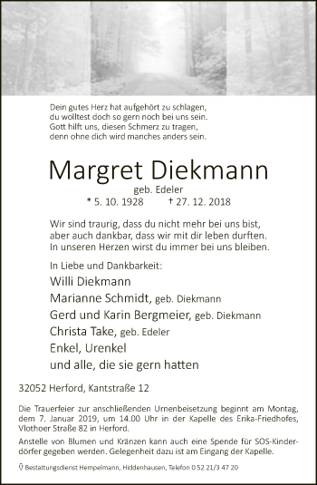 Traueranzeige von Margret Diekmann von Neue Westfälische