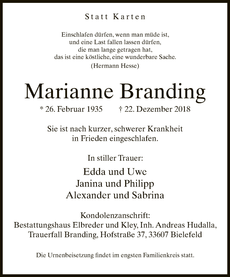  Traueranzeige für Marianne Branding vom 29.12.2018 aus Neue Westfälische