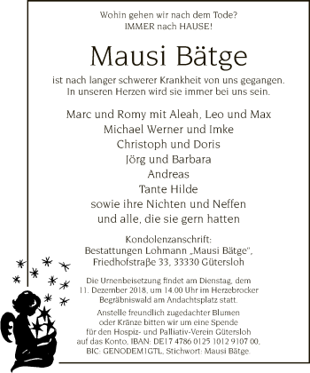 Traueranzeige von Mausi Bätge von Neue Westfälische