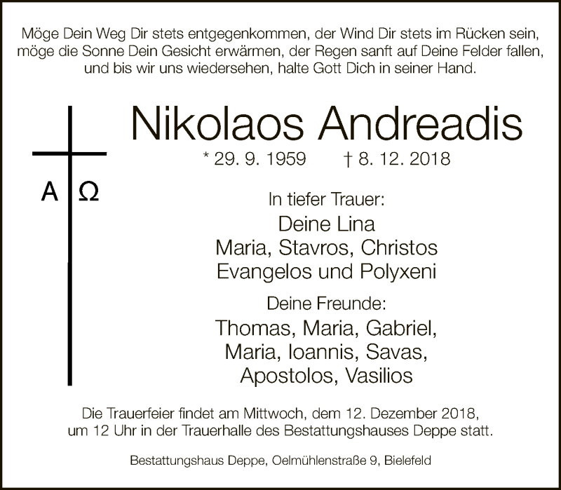  Traueranzeige für Nikolaos Andreadis vom 11.12.2018 aus Neue Westfälische