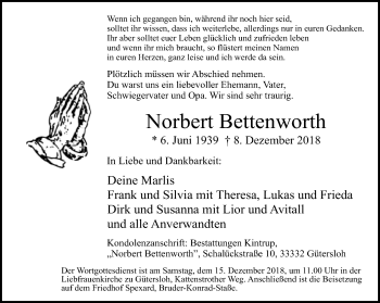 Traueranzeige von Norbert Bettenworth von Neue Westfälische