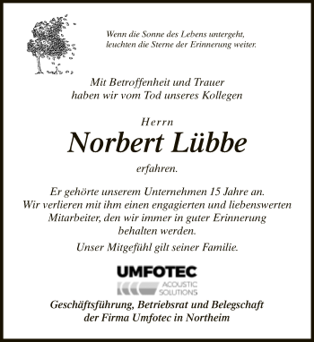 Traueranzeige von Norbert Lübbe von Neue Westfälische