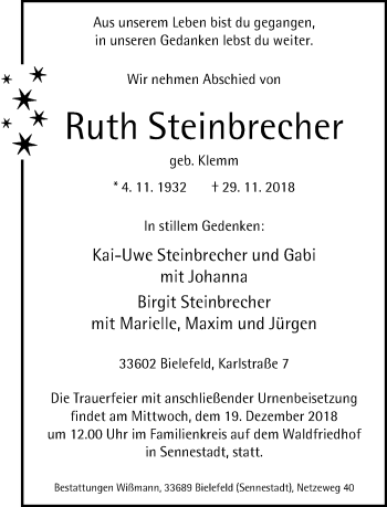 Traueranzeige von Ruth Steinbrecher von Neue Westfälische