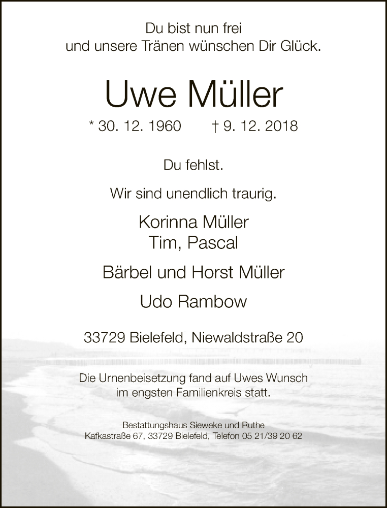 Traueranzeige für Uwe Müller vom 22.12.2018 aus Neue Westfälische