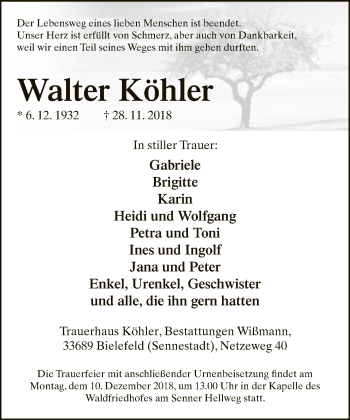 Traueranzeige von Walter Köhler von Neue Westfälische