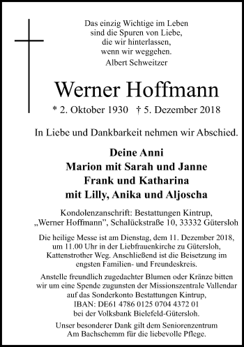 Traueranzeige von Werner Hoffmann von Neue Westfälische