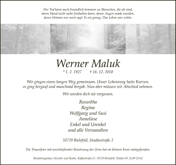 Traueranzeige von Werner Maluk von Neue Westfälische