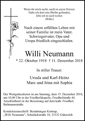 Traueranzeige von Willi Neumann von Neue Westfälische