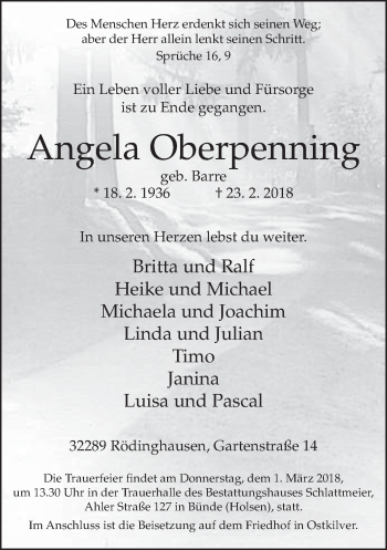 Traueranzeige von Angela Oberpenning von Neue Westfälische