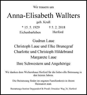 Traueranzeige von Anne-Elisabeth Wallters von Neue Westfälische