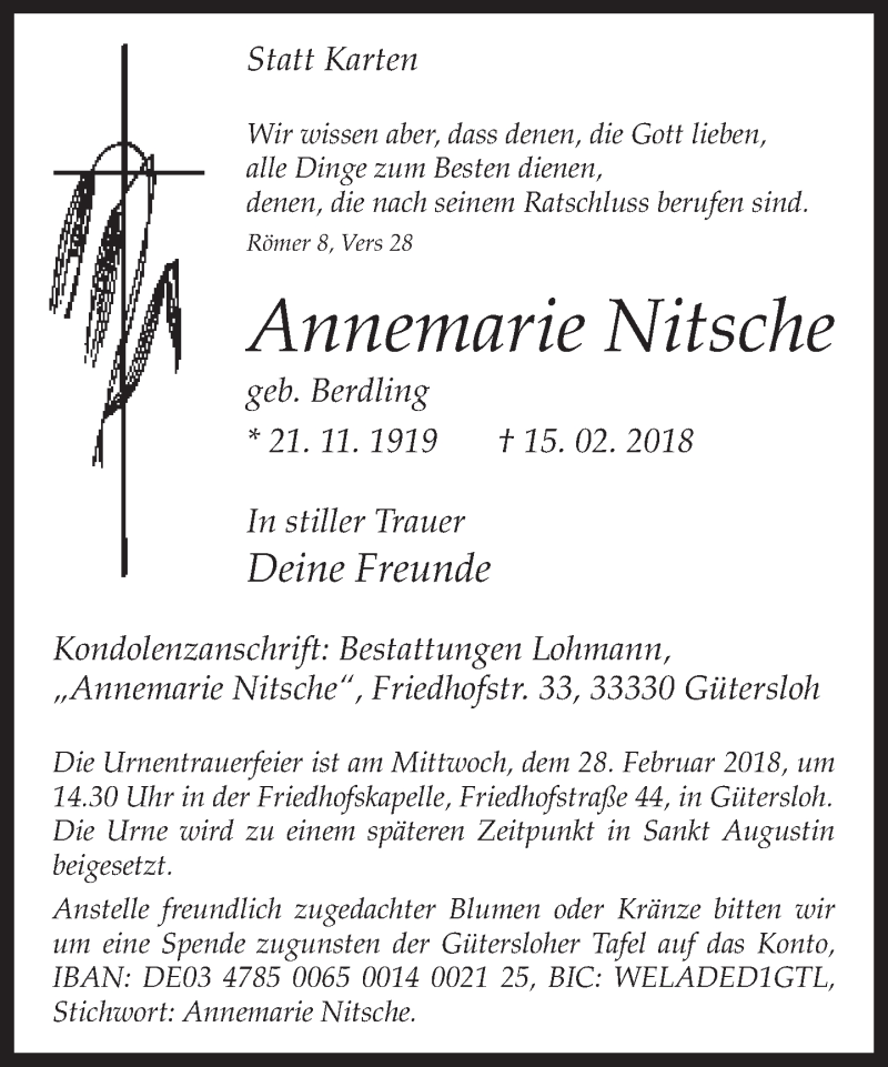  Traueranzeige für Annemarie Nitsche vom 24.02.2018 aus Neue Westfälische